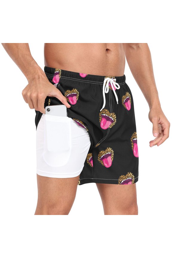 Men's Leopard Red Lips1 Swim Trunks with Liner Pocket Beach Shorts M