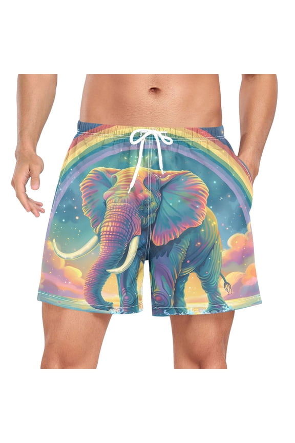 Men's Magic Elephant with Rainbow Swim Trunks with Liner Pocket Beach Shorts Medium