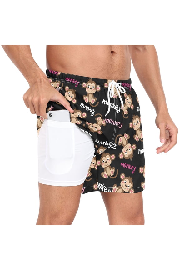 Men's Monkey Cute Swim Trunks with Liner Pocket Beach Shorts M