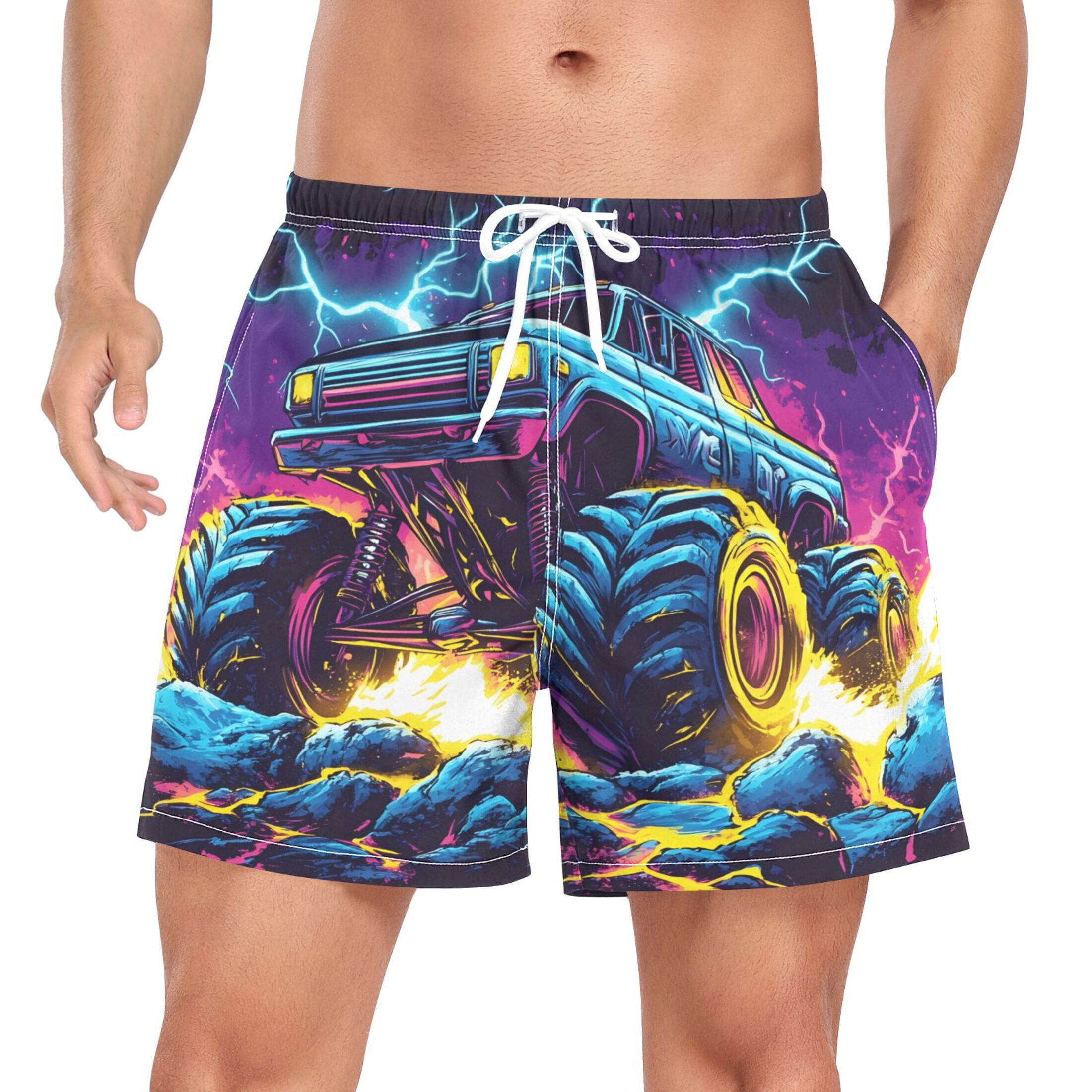 joogoo Men's Monster Truck Lightning Swim Trunks with Liner Pocket Beach Shorts Large