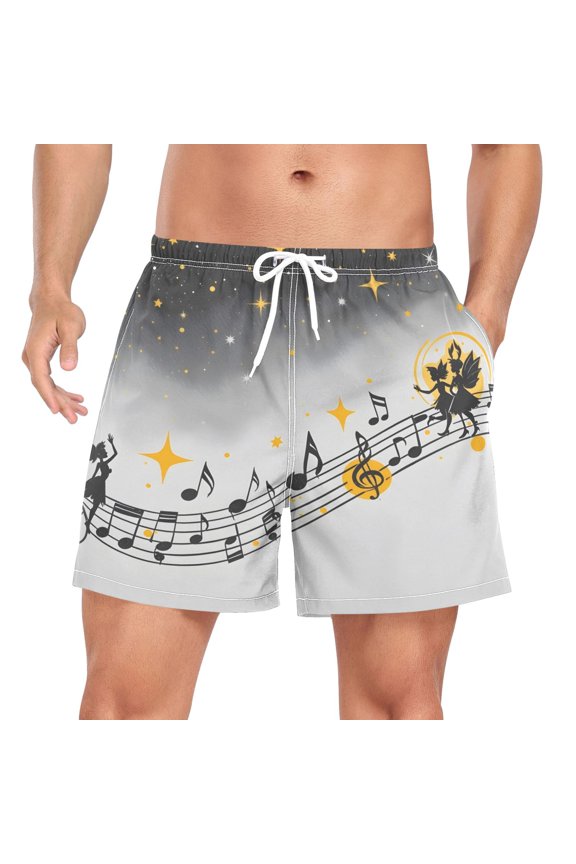 Men's Musical Notes Stars Swim Trunks with Liner Pocket Beach Shorts Large