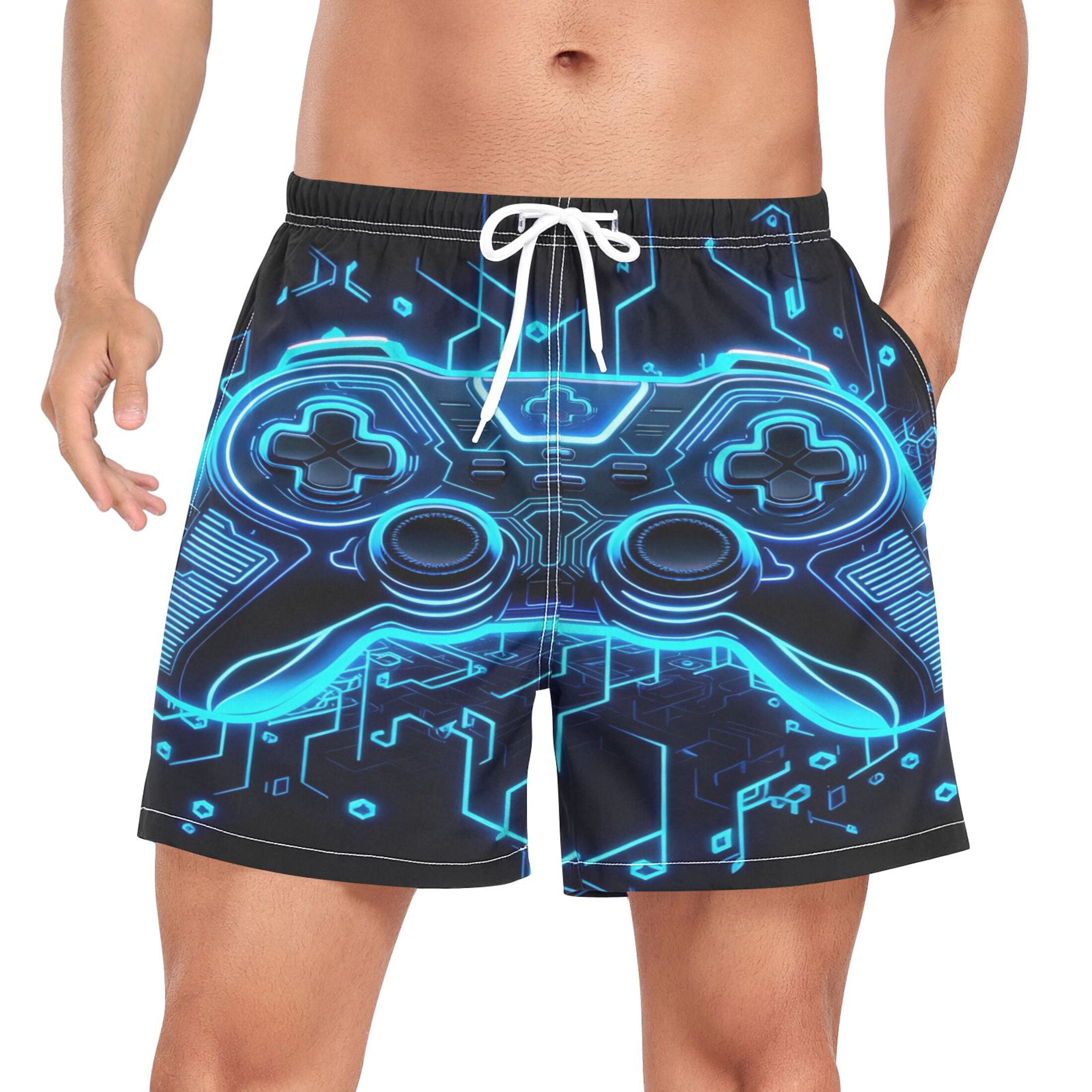 joogoo Men's Neon Game Controller Cool Swim Trunks with Liner Pocket Beach Shorts XX-Large