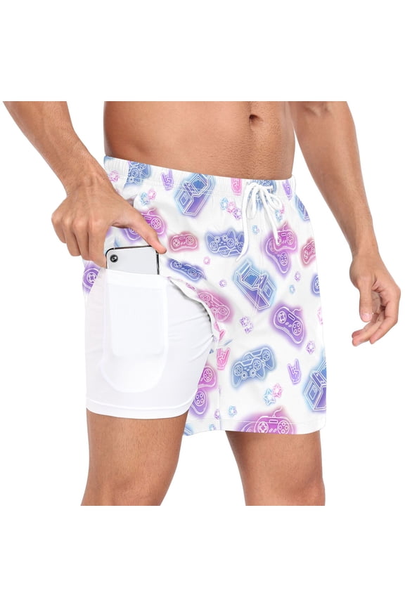 Men's Neon Game Controller Swim Trunks with Liner Pocket Beach Shorts L