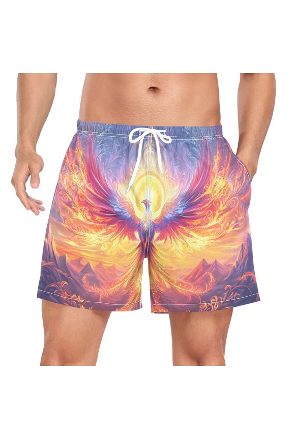 Men's Neon Phoenix Fire Bird Swim Trunks with Liner Pocket Beach Shorts Large