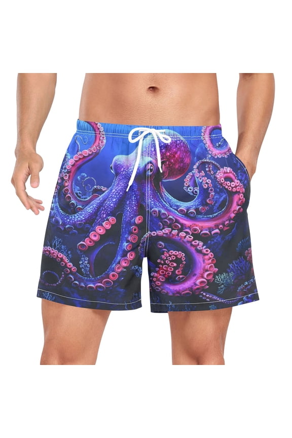 Men's Octopus in Sea Swim Trunks with Liner Pocket Beach Shorts X-Large
