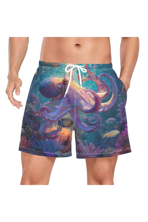 Men's Octopus under Sea Swim Trunks with Liner Pocket Beach Shorts Large