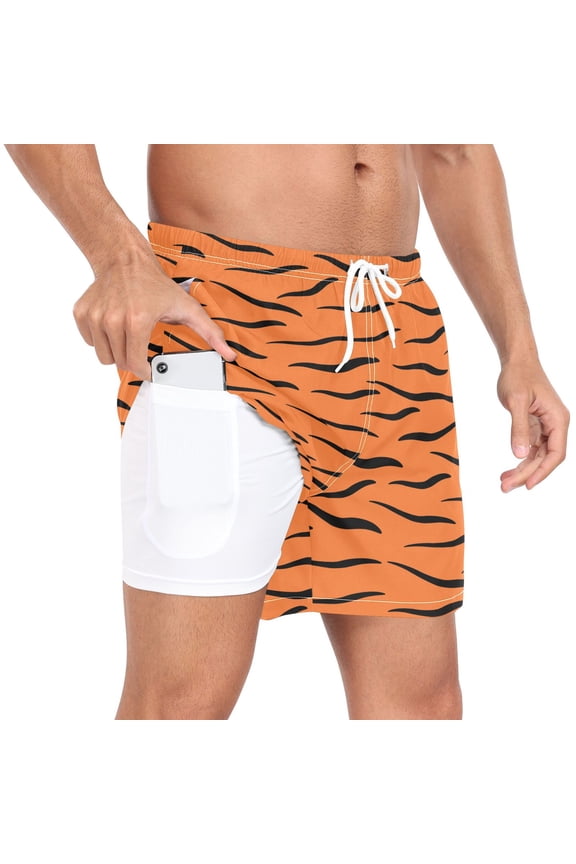 Men's Orange Tigers Print Swim Trunks with Liner Pocket Beach Shorts M