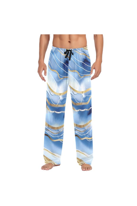 Men's Pajama Pants Blue Gold Marble Cotton Long Sleepwear Lounge Pants L