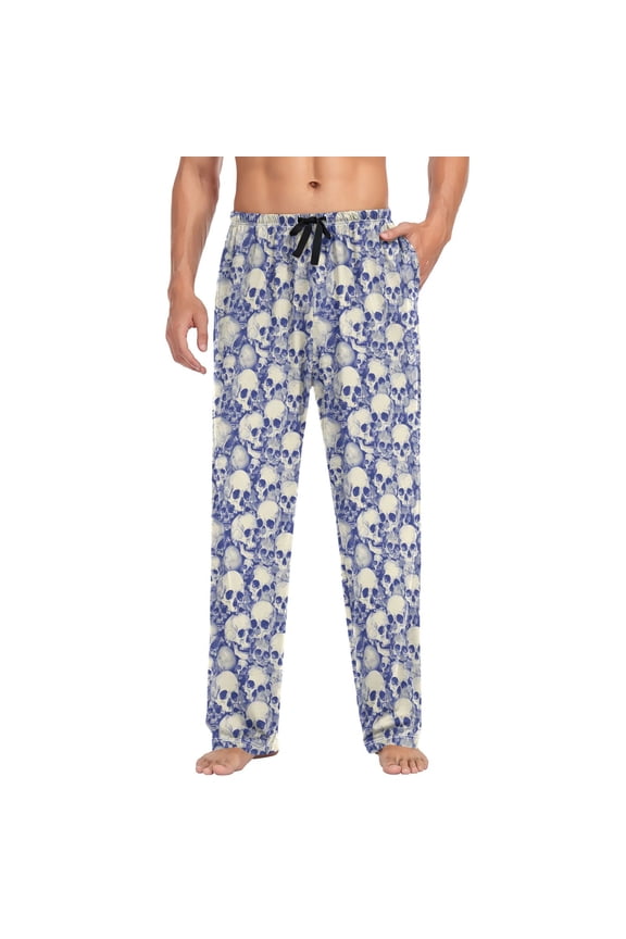 Men's Pajama Pants Blue Skulls Bones Soft Long Sleep Lounge Pjs Bottoms S