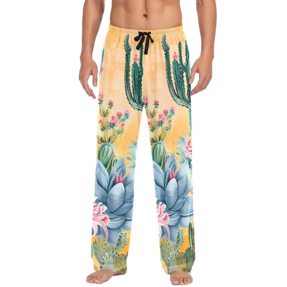 joogoo Men's Pajama Pants Cactus Flowers on Orange Background Cotton Long Sleepwear Lounge Pants 2XL