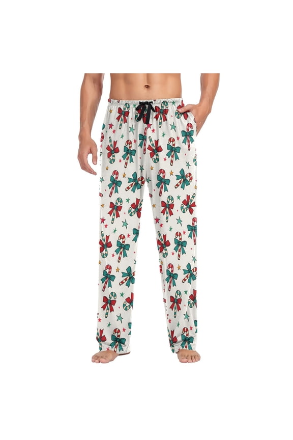 Men's Pajama Pants Christmas Candy Cane Bows Soft Long Sleep Lounge Pjs Bottoms L