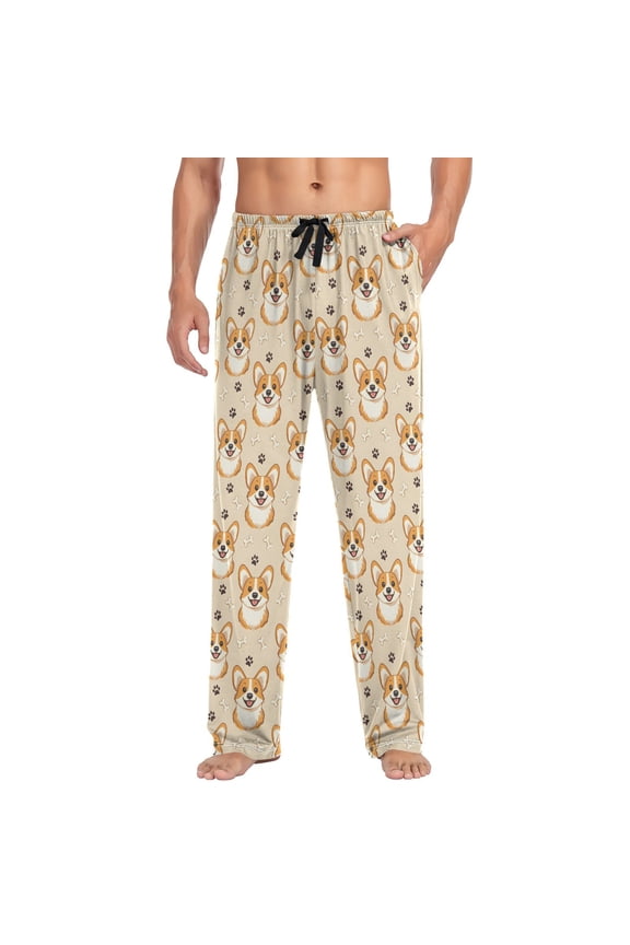 Men's Pajama Pants Cute Corgi Dog Bone Footprint Soft Long Sleep Lounge Pjs Bottoms 2XL