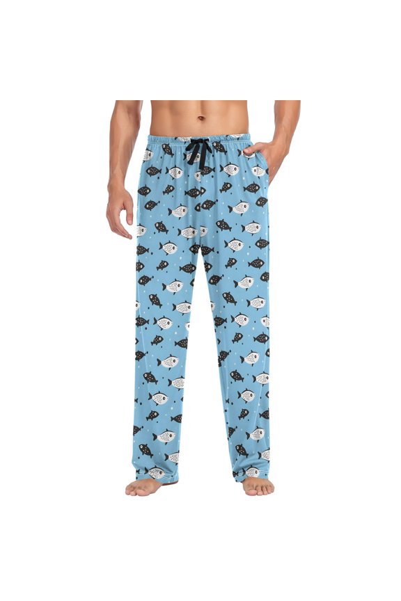 Men's Pajama Pants Fishes Blue Soft Long Sleep Lounge Pjs Bottoms XL