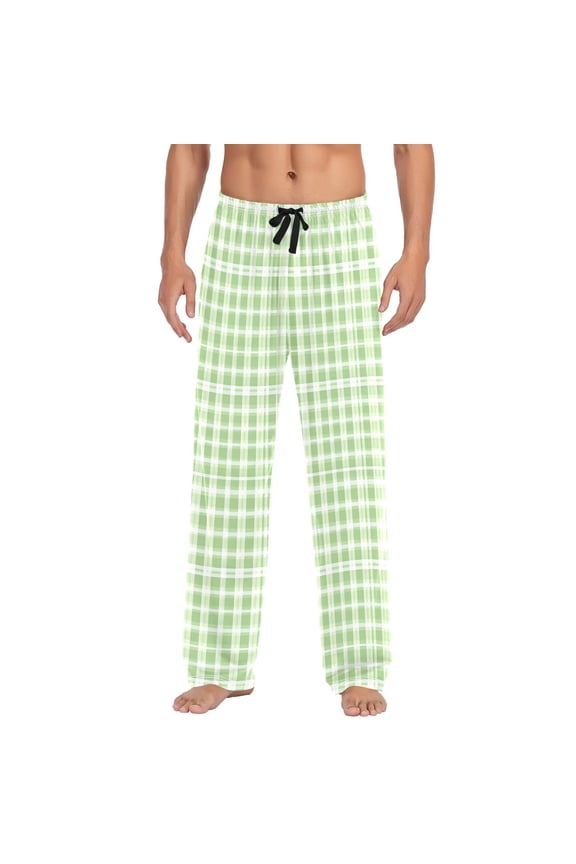 Men's Pajama Pants Grid Green Checkered Pattern Cotton Long Sleepwear Lounge Pants XL