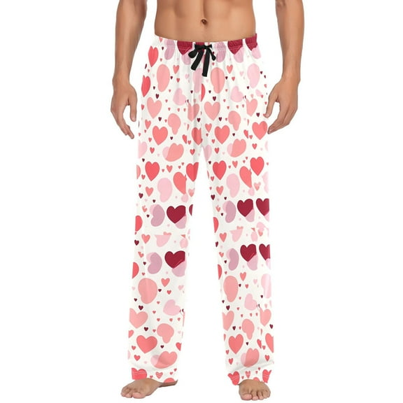 joogoo Men's Pajama Pants Hearts Pink Cotton Long Sleepwear Lounge Pants L