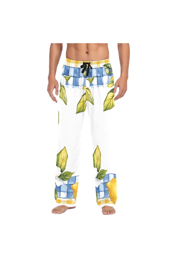 Men's Pajama Pants Lemon and Checkered Grid Pattern Cotton Long Sleepwear Lounge Pants L