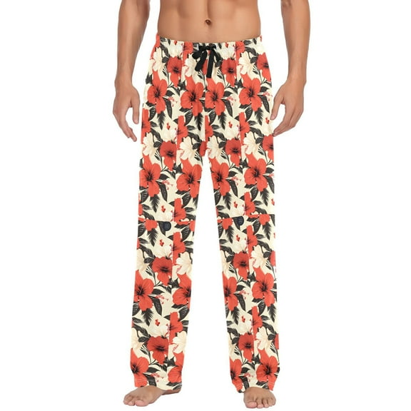 joogoo Men's Pajama Pants Lily Red Flowers Floral Cotton Long Sleepwear Lounge Pants L
