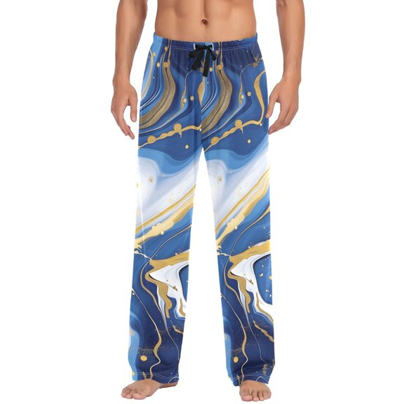joogoo Men's Pajama Pants Marble Blue Gold White Cotton Long Sleepwear Lounge Pants S