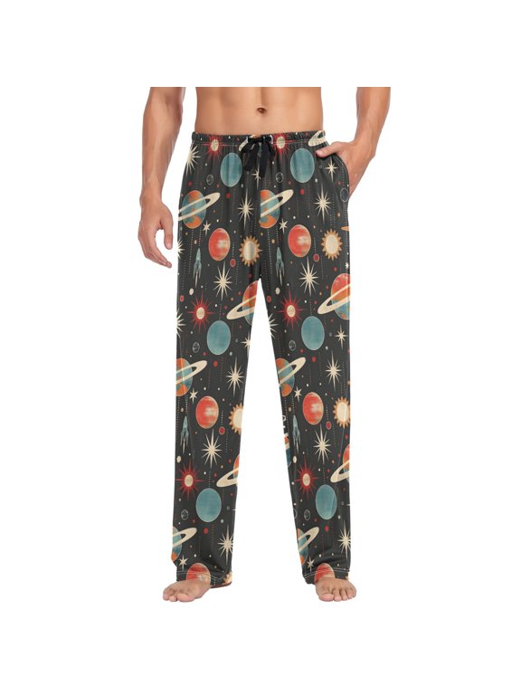Men's Pajama Pants Retro Space Planets Rockets Soft Long Sleep Lounge Pjs Bottoms L