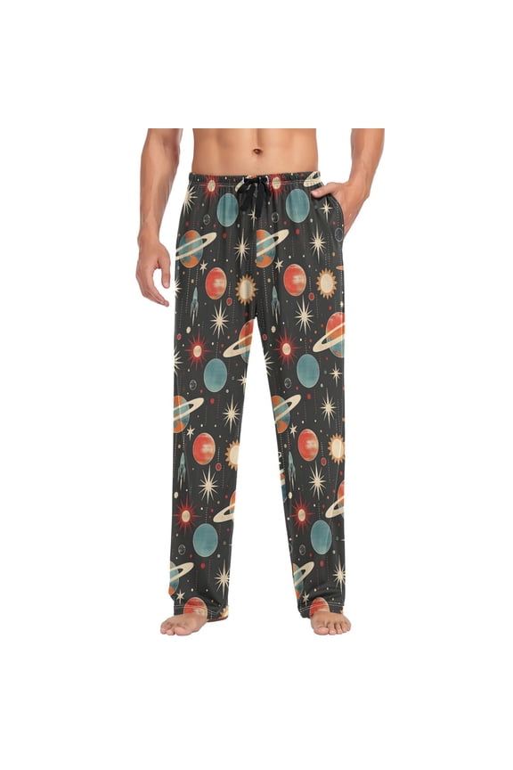 Men's Pajama Pants Retro Space Planets Rockets Soft Long Sleep Lounge Pjs Bottoms M