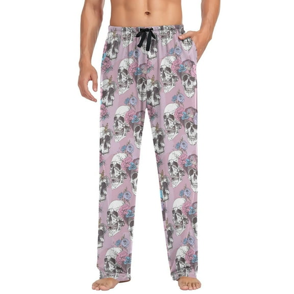 joogoo Men's Pajama Pants Skull with Floral Soft Long Sleep Lounge Pjs Bottoms L