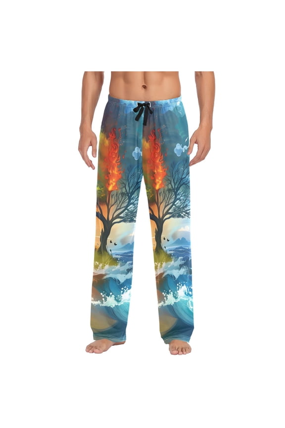 Men's Pajama Pants Water and Fire Landscape Cotton Long Sleepwear Lounge Pants S