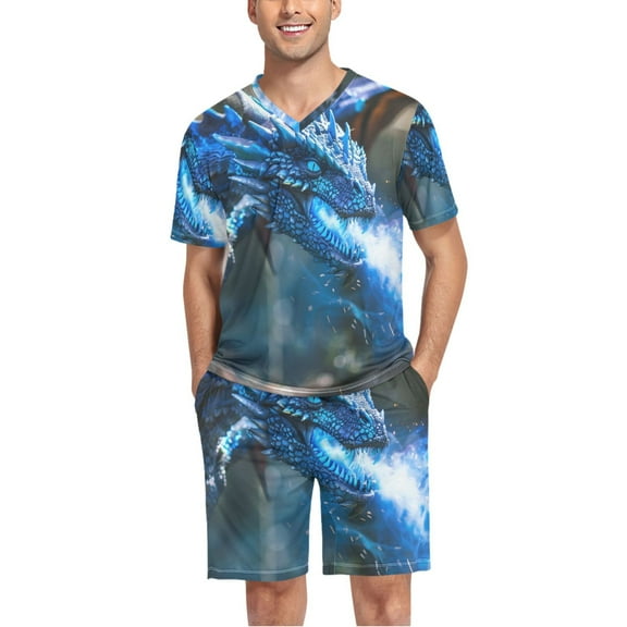 joogoo Men's Pajama Set A Dragon with Flames V-Neck Pj Shorts Set 2 Piece Loungewear Sleepwear M