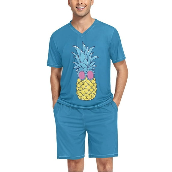 joogoo Men's Pajama Set A Funny Pineapple V-Neck Pj Shorts Set 2 Piece Loungewear Sleepwear XL