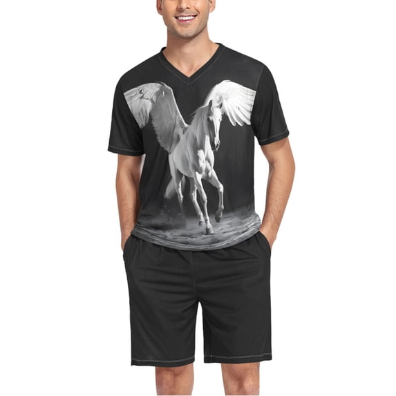 joogoo Men's Pajama Set A Horse V-Neck Pj Shorts Set 2 Piece Loungewear Sleepwear S