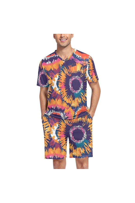 Men's Pajama Set Abstract Colorful Graffiti V-Neck Pj Shorts Set 2 Piece Loungewear Sleepwear XXL