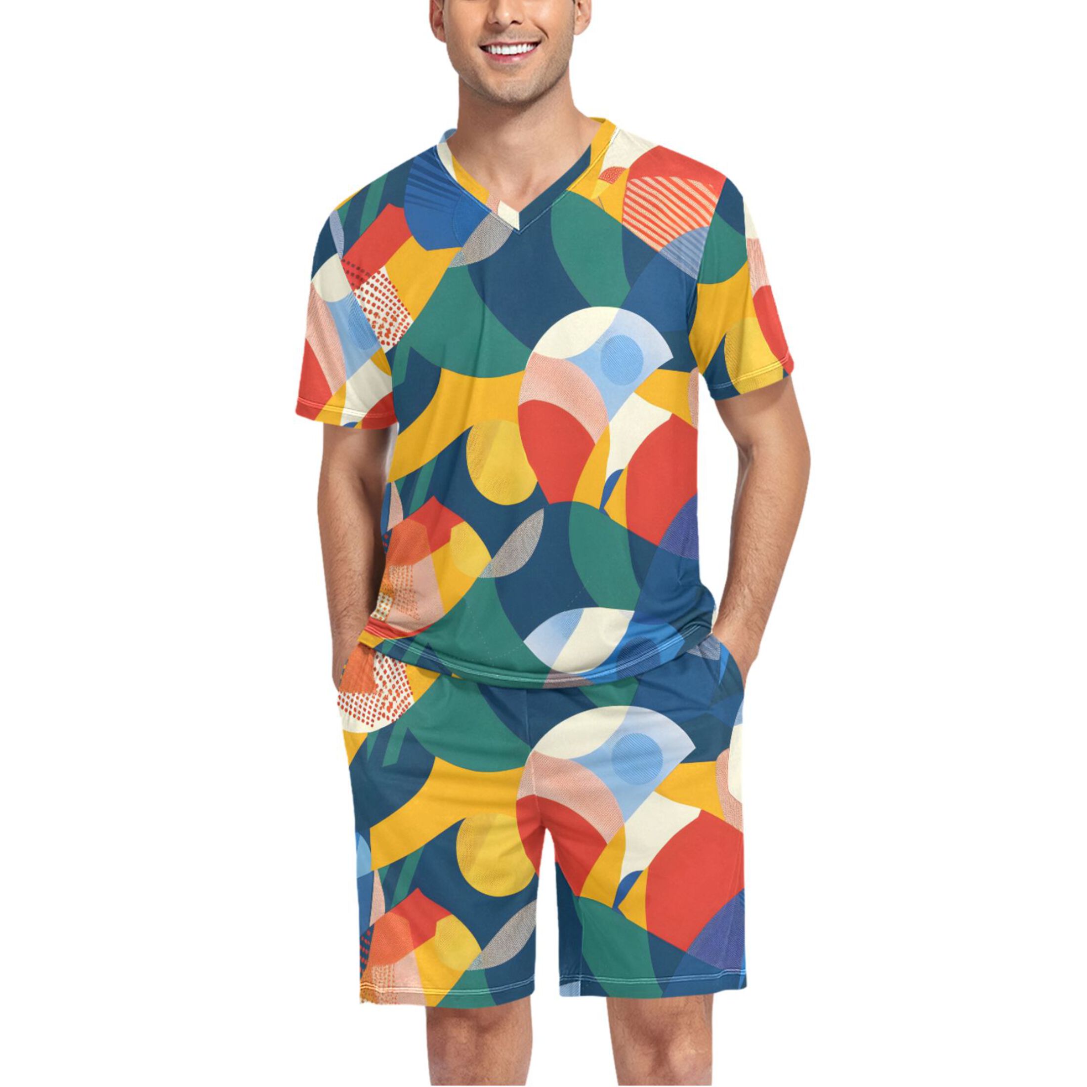 joogoo Men's Pajama Set Abstract Colorful Line Shape V-Neck Pj Shorts ...
