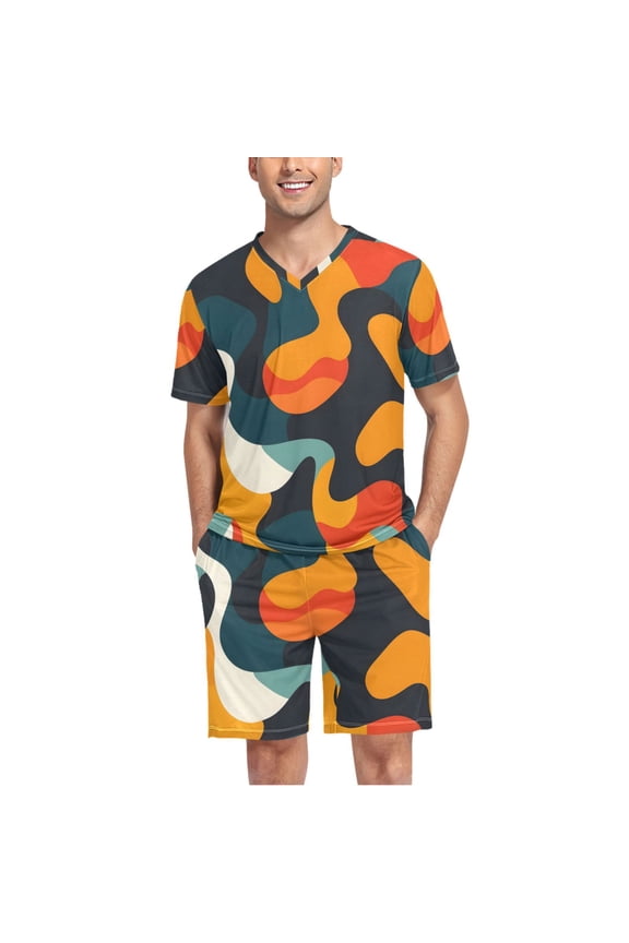 Men's Pajama Set Abstract Graffiti V-Neck Pj Shorts Set 2 Piece Loungewear Sleepwear XL