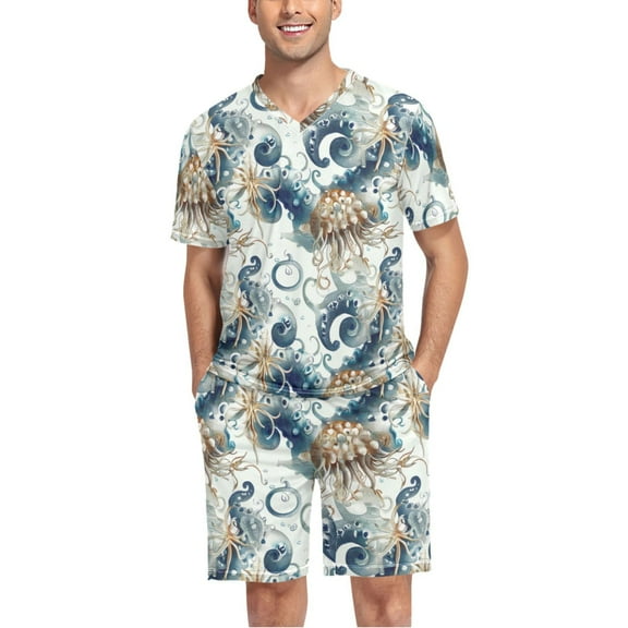 joogoo Men's Pajama Set Abstract Octopus Starfish V-Neck Pj Shorts Set 2 Piece Loungewear Sleepwear L