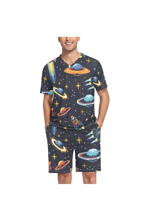 Men's Pajama Set Aliens and Space V-Neck Pj Shorts Set 2 Piece Loungewear Sleepwear XXL