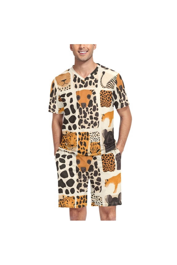 Men's Pajama Set Animal Skins Leopard V-Neck Pj Shorts Set 2 Piece Loungewear Sleepwear L