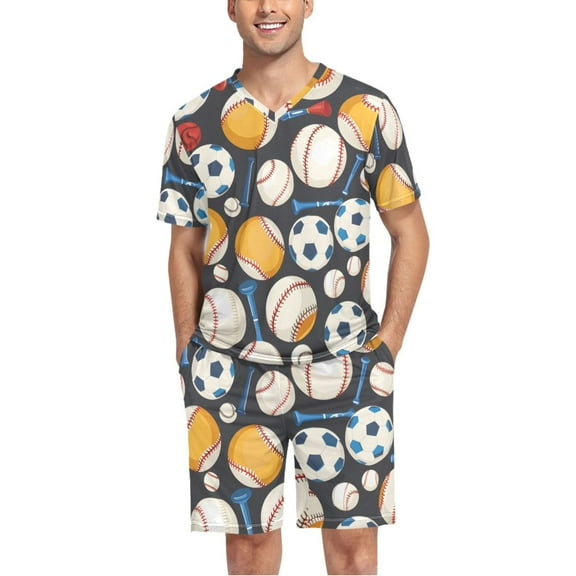 joogoo Men's Pajama Set Baseball Football V-Neck Pj Shorts Set 2 Piece Loungewear Sleepwear L