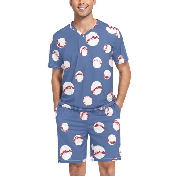 joogoo Men's Pajama Set Baseball Pattern V-Neck Pj Shorts Set 2 Piece Loungewear Sleepwear L