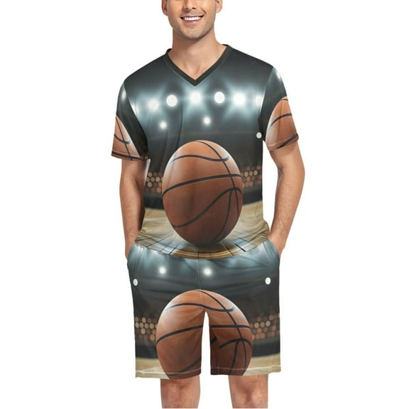 joogoo Men's Pajama Set Basketball V-Neck Pj Shorts Set 2 Piece Loungewear Sleepwear L
