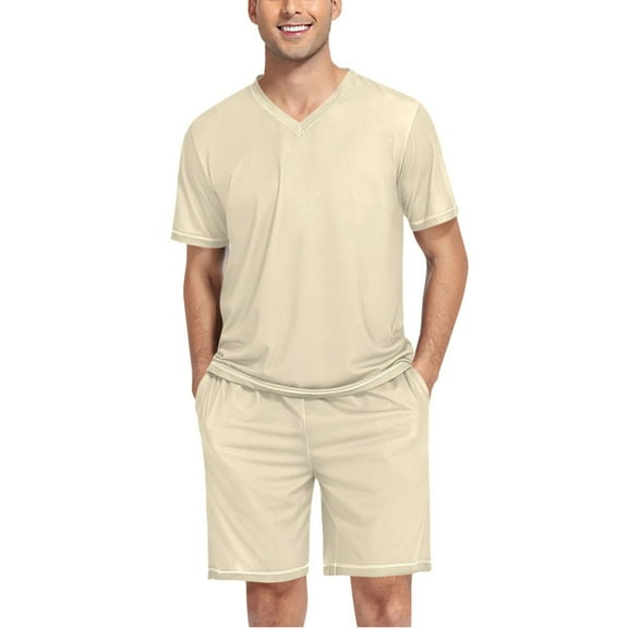 joogoo Men's Pajama Set Beige V-Neck Pj Shorts Set 2 Piece Loungewear Sleepwear L