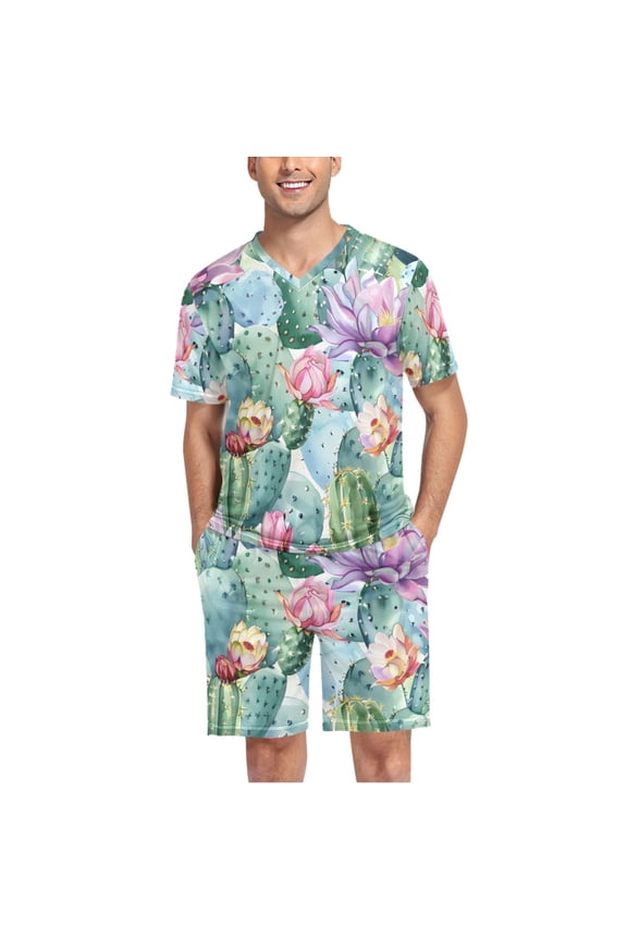 Men's Pajama Set Blooming Cactus Flowers V-Neck Pj Shorts Set 2 Piece Loungewear Sleepwear XXL