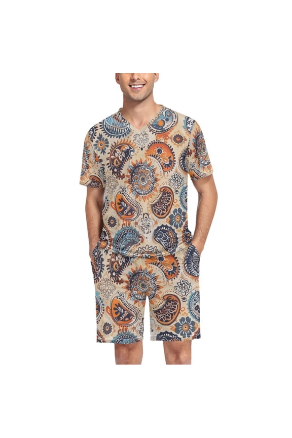 Men's Pajama Set Boho Ethnic Bohemian Indian Mandala V-Neck Pj Shorts Set 2 Piece Loungewear Sleepwear XXL