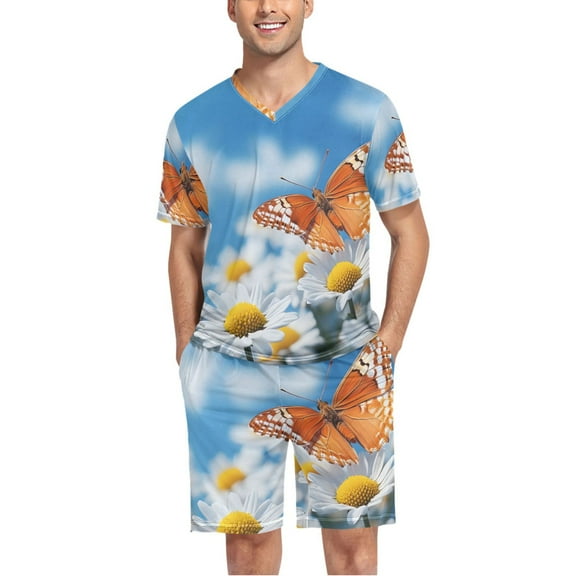 joogoo Men's Pajama Set Butterfly Daisy Flower V-Neck Pj Shorts Set 2 Piece Loungewear Sleepwear XXL
