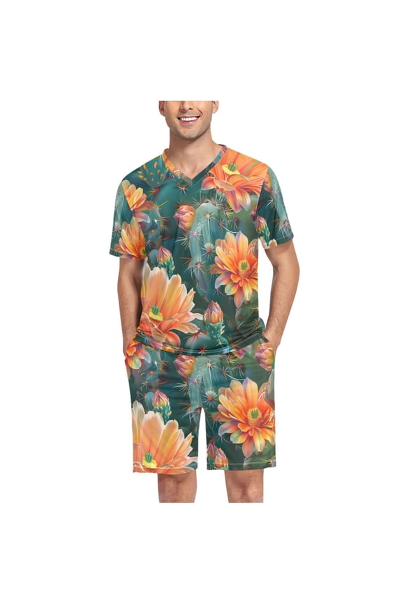 Men's Pajama Set Cactus Flowers V-Neck Pj Shorts Set 2 Piece Loungewear Sleepwear XXL