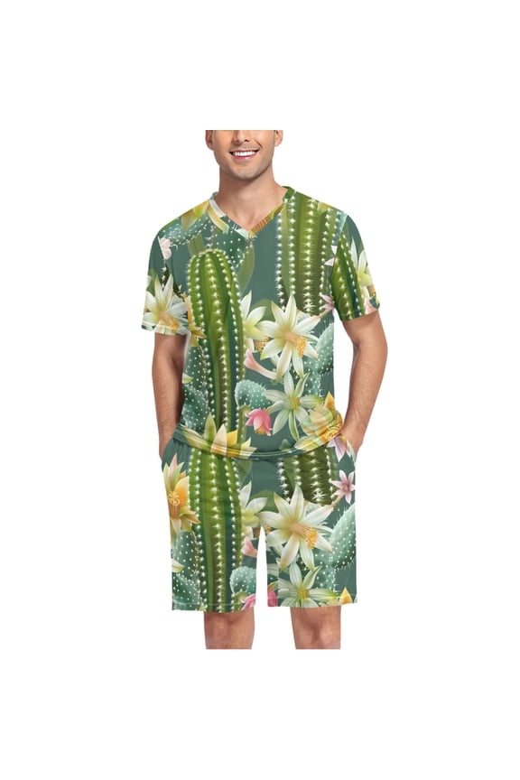 Men's Pajama Set Cactus and Flowers V-Neck Pj Shorts Set 2 Piece Loungewear Sleepwear XXL