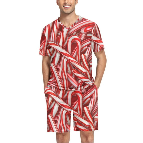 joogoo Men's Pajama Set Candy Christmas V-Neck Pj Shorts Set 2 Piece Loungewear Sleepwear L