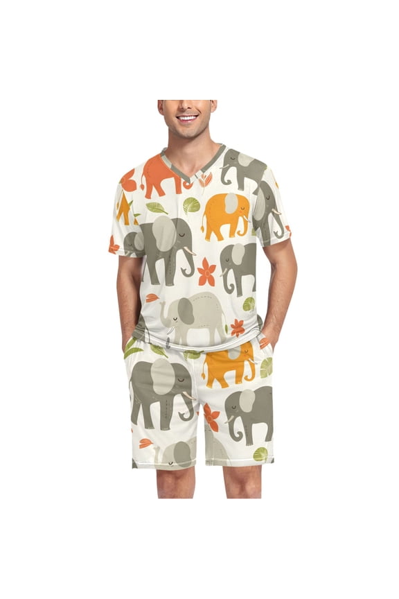 Men's Pajama Set Cartoon Elephants Leaves V-Neck Pj Shorts Set 2 Piece Loungewear Sleepwear L