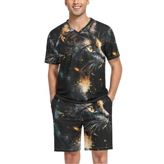 joogoo Men's Pajama Set Cat Pattern V-Neck Pj Shorts Set 2 Piece Loungewear Sleepwear S