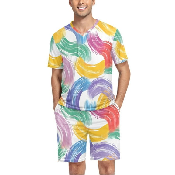 joogoo Men's Pajama Set Colorful Stripes Pattern V-Neck Pj Shorts Set 2 Piece Loungewear Sleepwear L