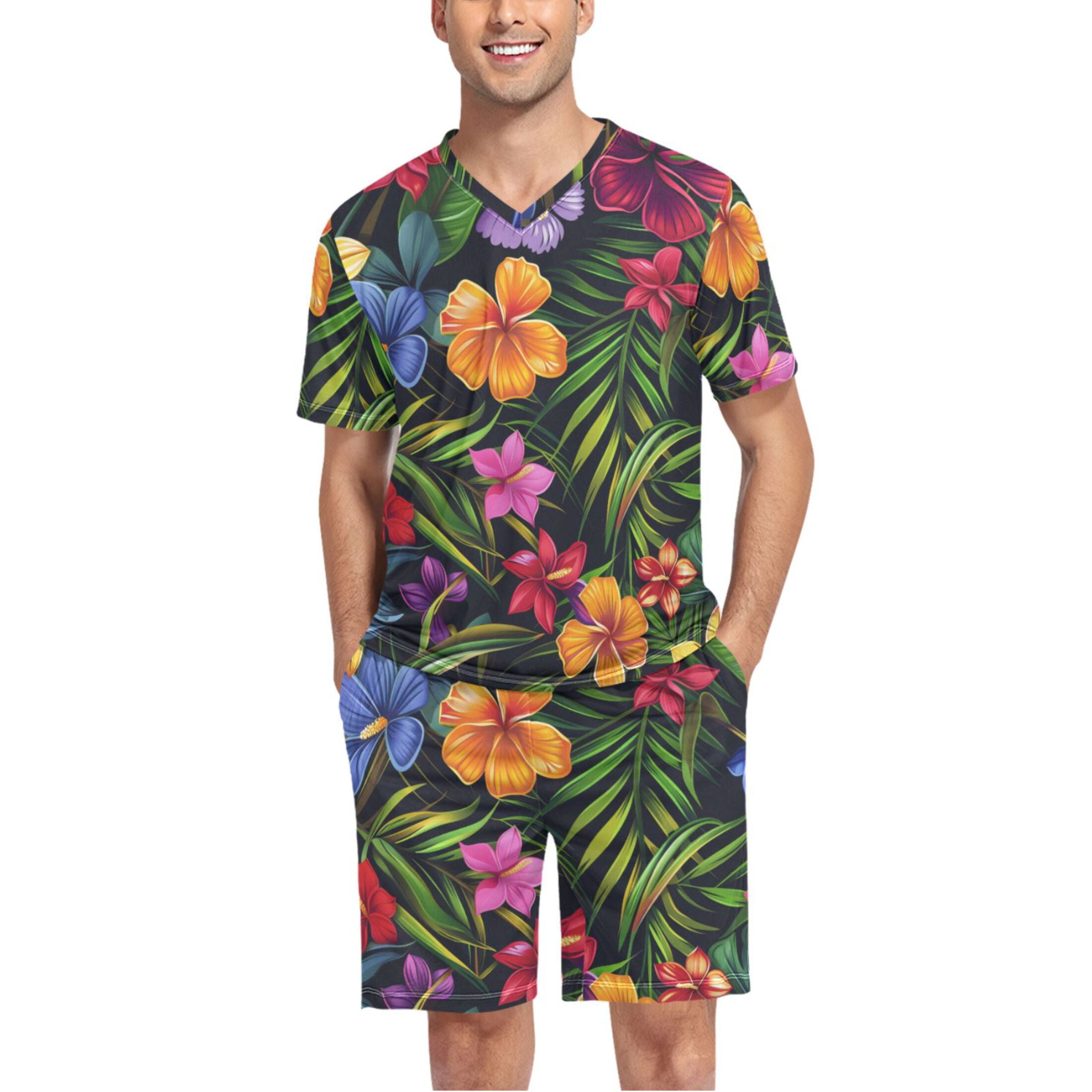 joogoo Men's Pajama Set Colorful Tropical Flowers V-Neck Pj Shorts Set ...