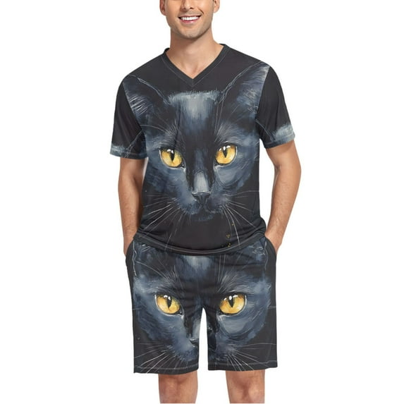 joogoo Men's Pajama Set Cool Cat V-Neck Pj Shorts Set 2 Piece Loungewear Sleepwear S